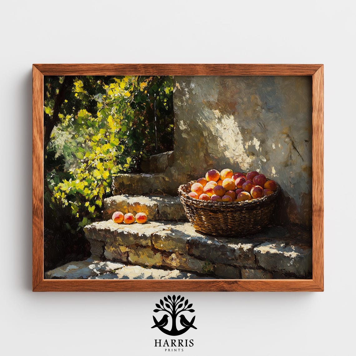 Sunlit Apricot Basket Stone Steps Rustic Farmhouse Still Life Wall Art