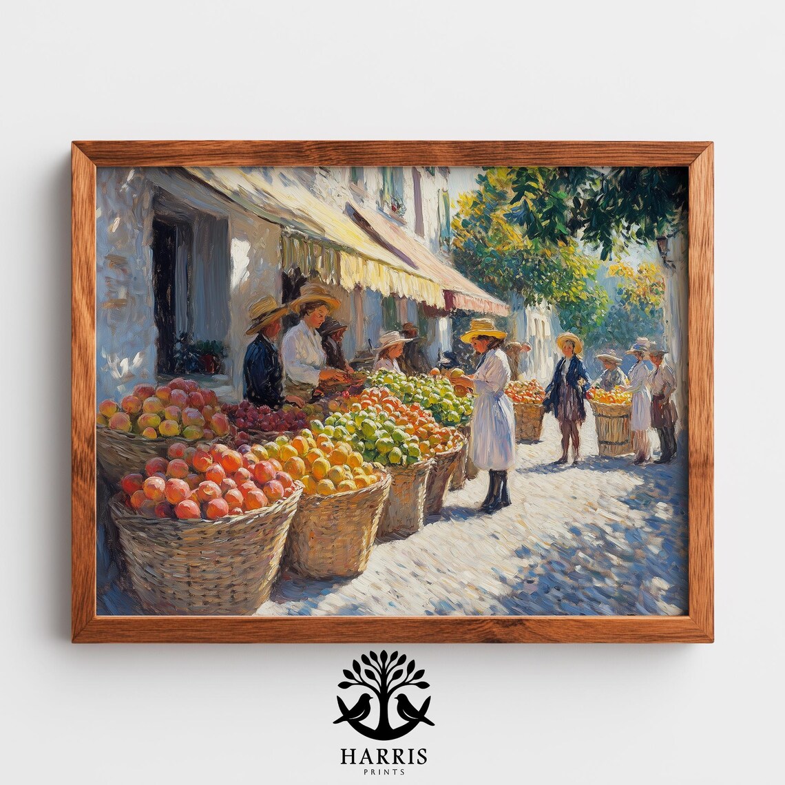 Vintage Fruit Market Baskets of Apples Street Sellers Oil Print