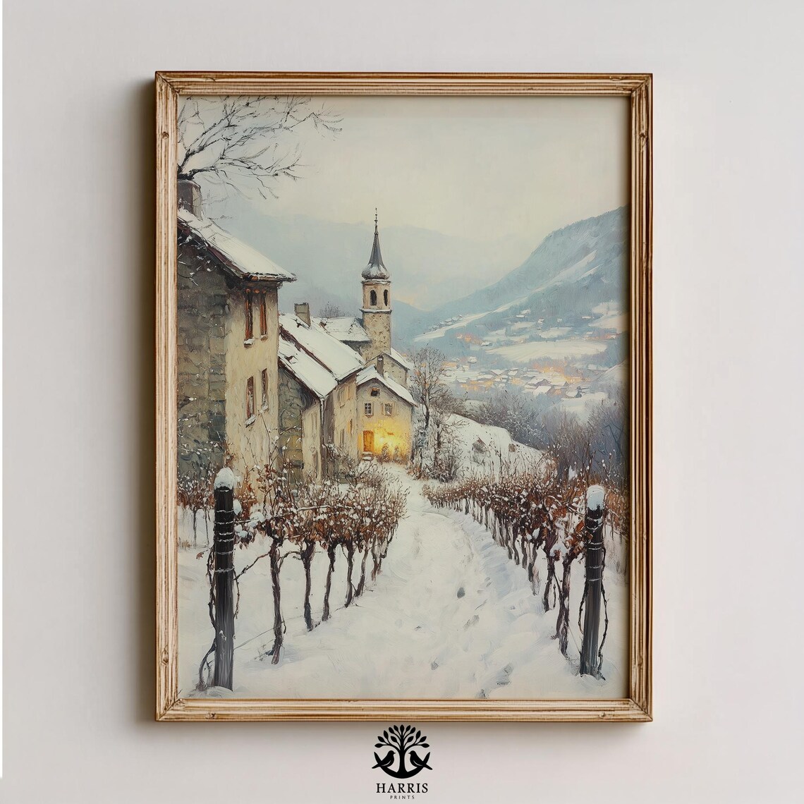 Snowy Village Church Winter Vineyard Landscape Oil Painting Print