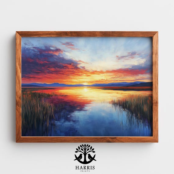 Moody Patagonian Sunset Lagoon Dramatic Landscape Art With Warm Reds Earthy Nature Decor Reflective Sky 389