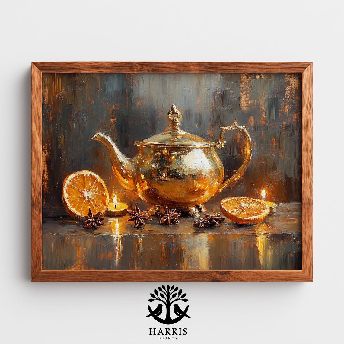 Vintage Teapot Still Life Moody Kitchen Art Cozy Autumn Decor Rustic Brass With Spices Wall 396