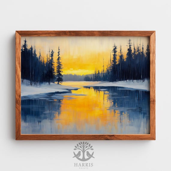 Winter Sunset Lake Scene Moody Landscape Painting Rustic Cozy Wall Art Decor With Warm Golden Light 541