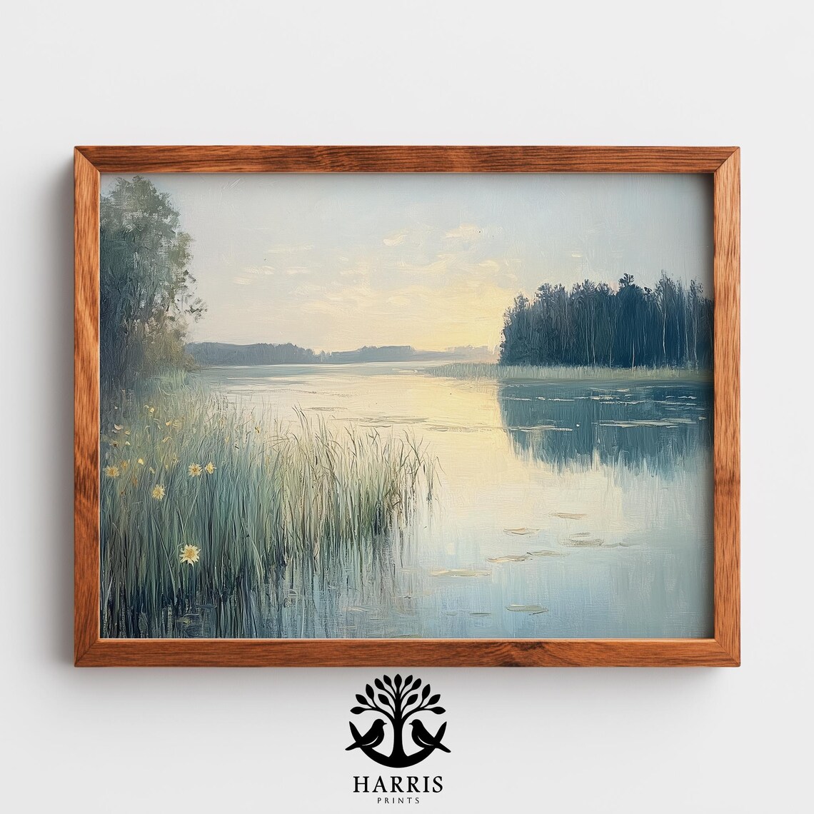 Tranquil Lake at Dawn Oil Painting Reeds Wildflowers Wall Art