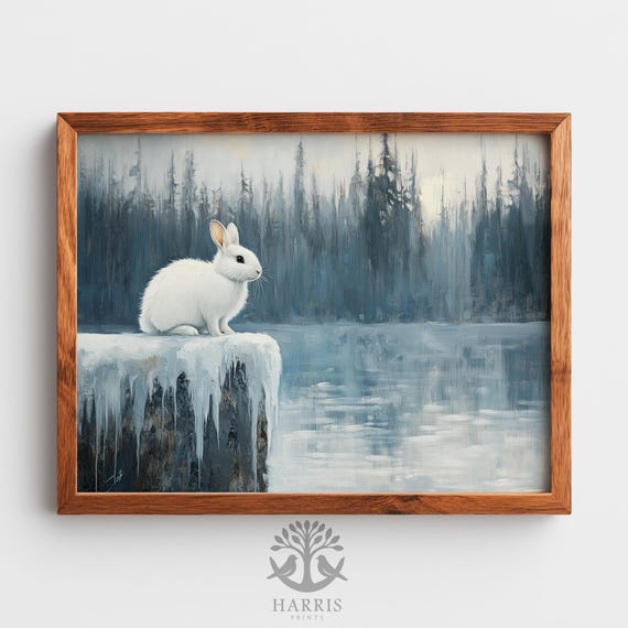 Moody Winter Landscape Serene White Rabbit On Icy Ledge Art Wintry Calm Scene Muted Snowy Decor Instant 557