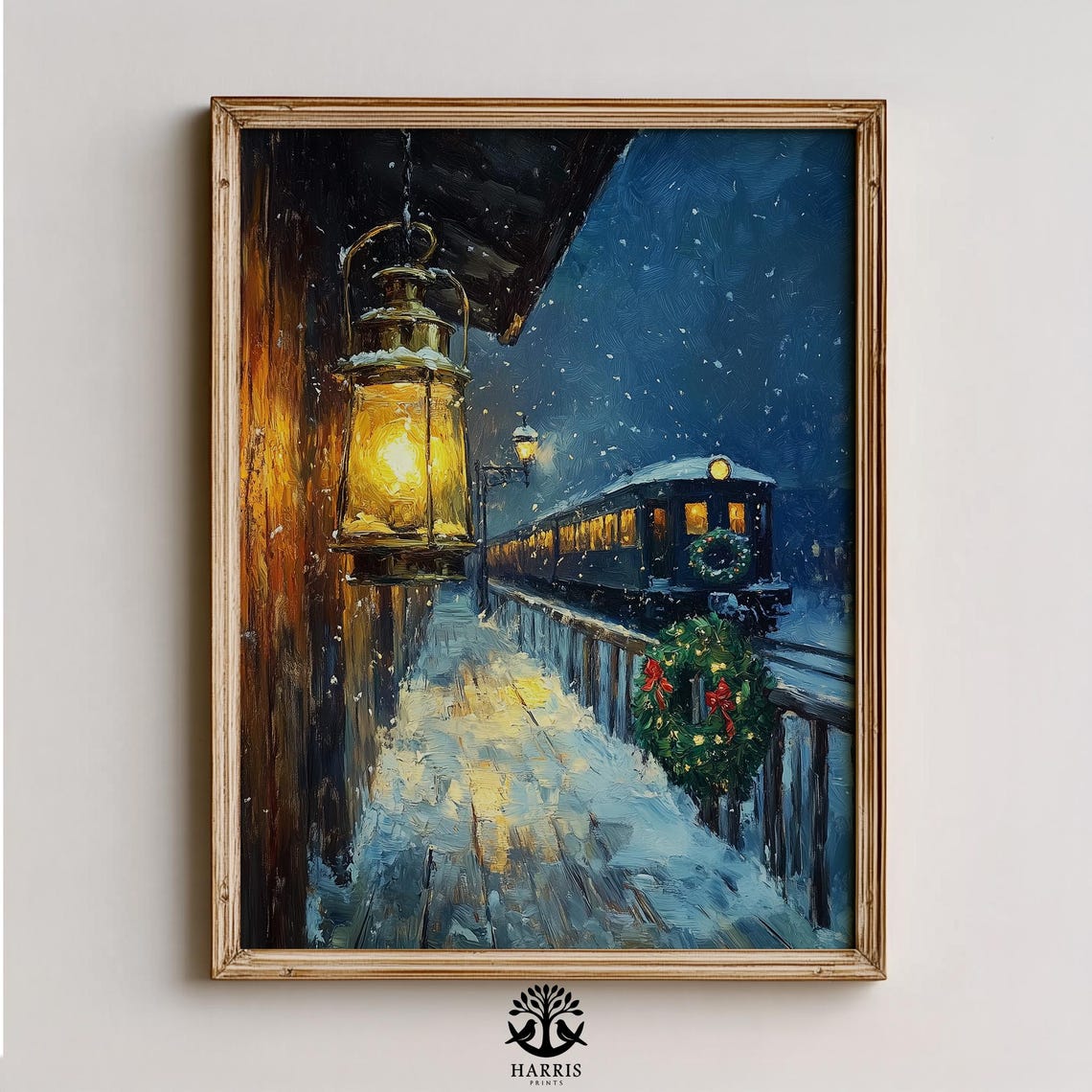 Snowy Train Platform Glowing Lantern Christmas Night Vintage Poster