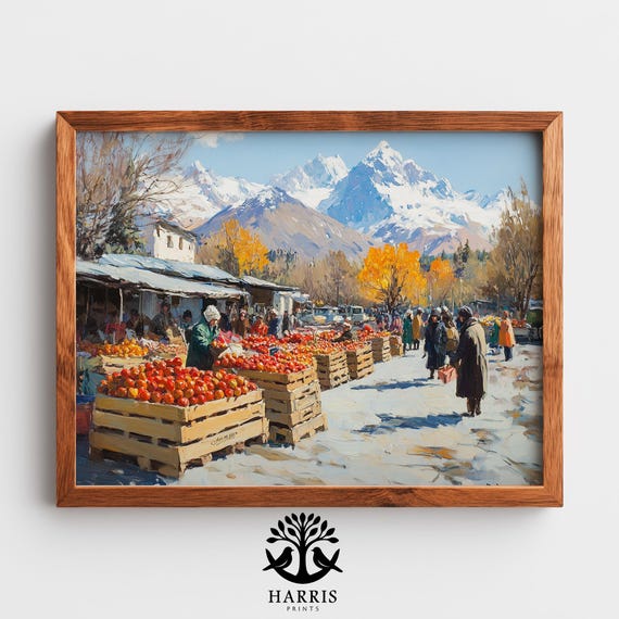 Patagonian Market Scene With Mountain Range Rustic Autumn Landscape Art Vintage Town Square Print Cozy Wall Decor 333
