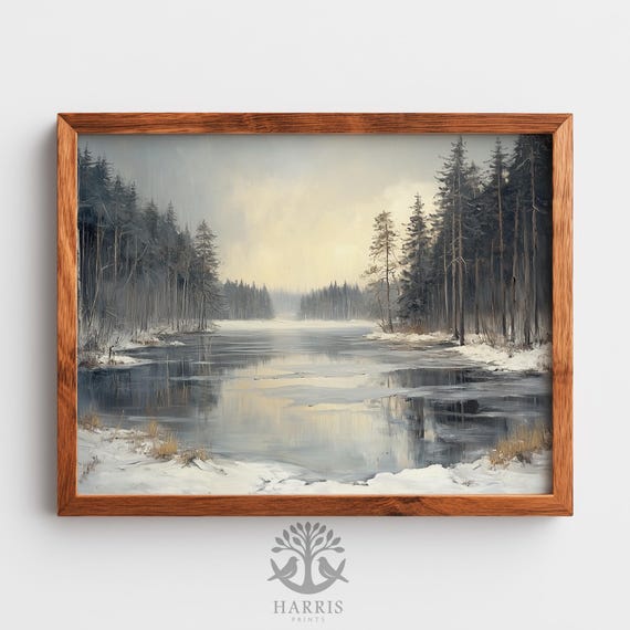 Moody Winter Landscape Serene Frozen Lake Reflective Ice Under Overcast Sky Rustic Painting Decor Art 555