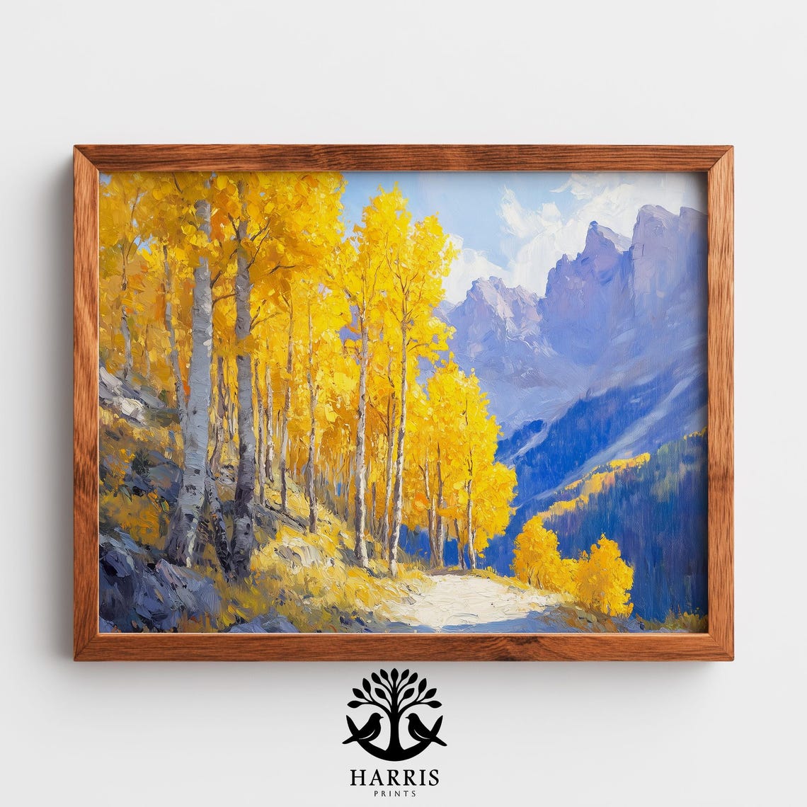 Rustic Autumn Landscape With Golden Aspens Sunlit Mountain Pass Print Cozy Cottage Earthy Wall Art Decor 325