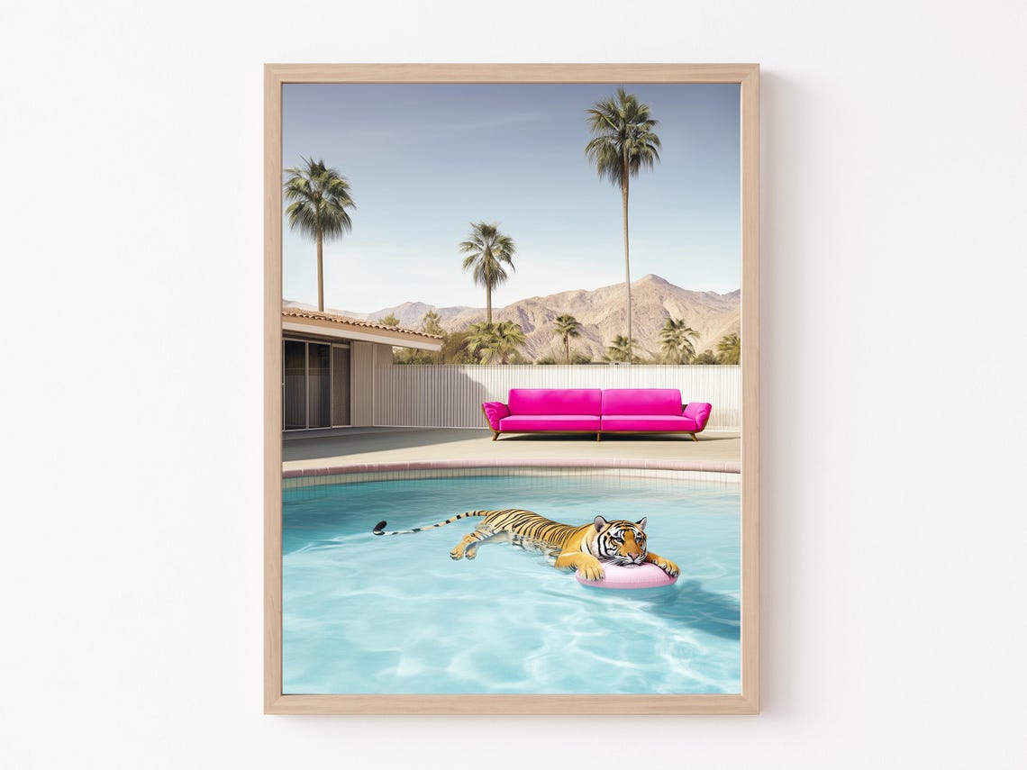 Tiger Floating in a Pool with Pink Sofa at a Palm Springs Villa Poster