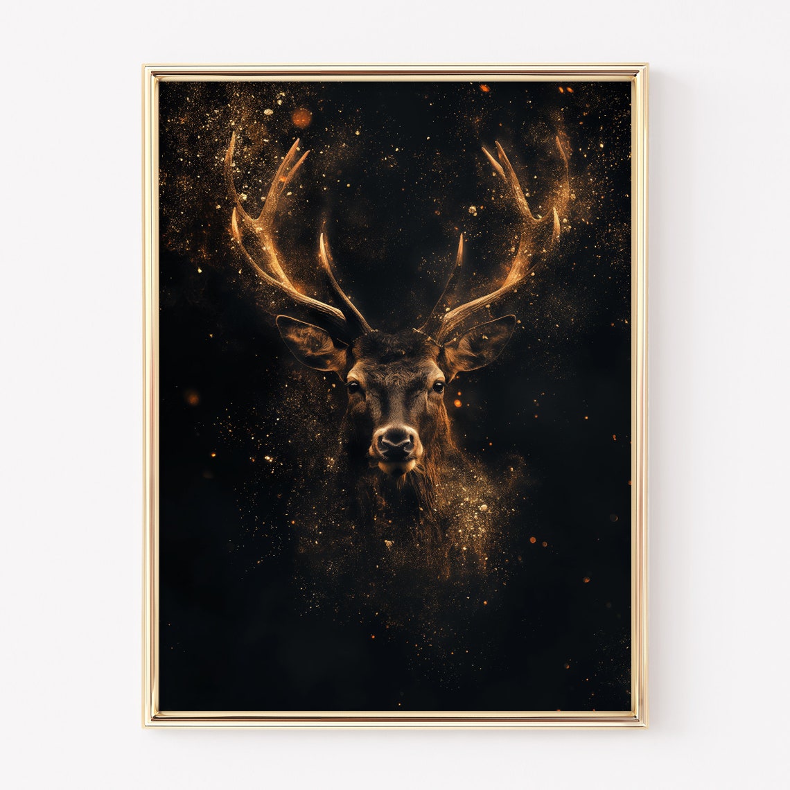 Majestic Stag With Glowing Golden Antlers Black Gold Wall Art