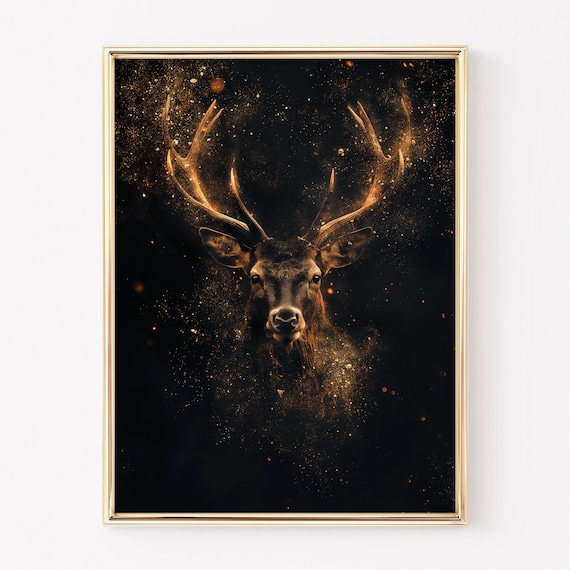 Majestic Stag With Glowing Golden Antlers Black Gold Wall Art