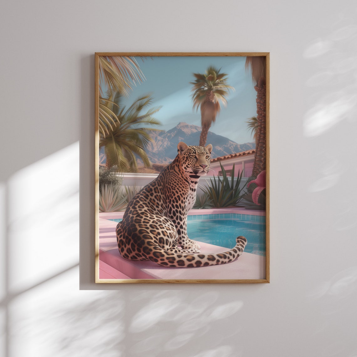 Spotted Jaguar Sitting By Pink Poolside With Palm Trees Wall Art - Image 2