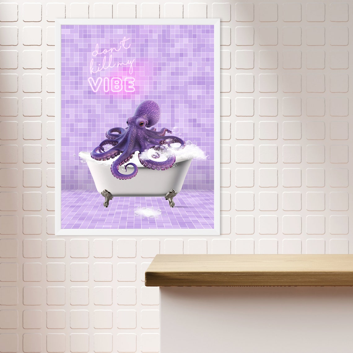 Purple Octopus Bathtub Neon Sign Quirky Funny Bathroom Poster - Image 2