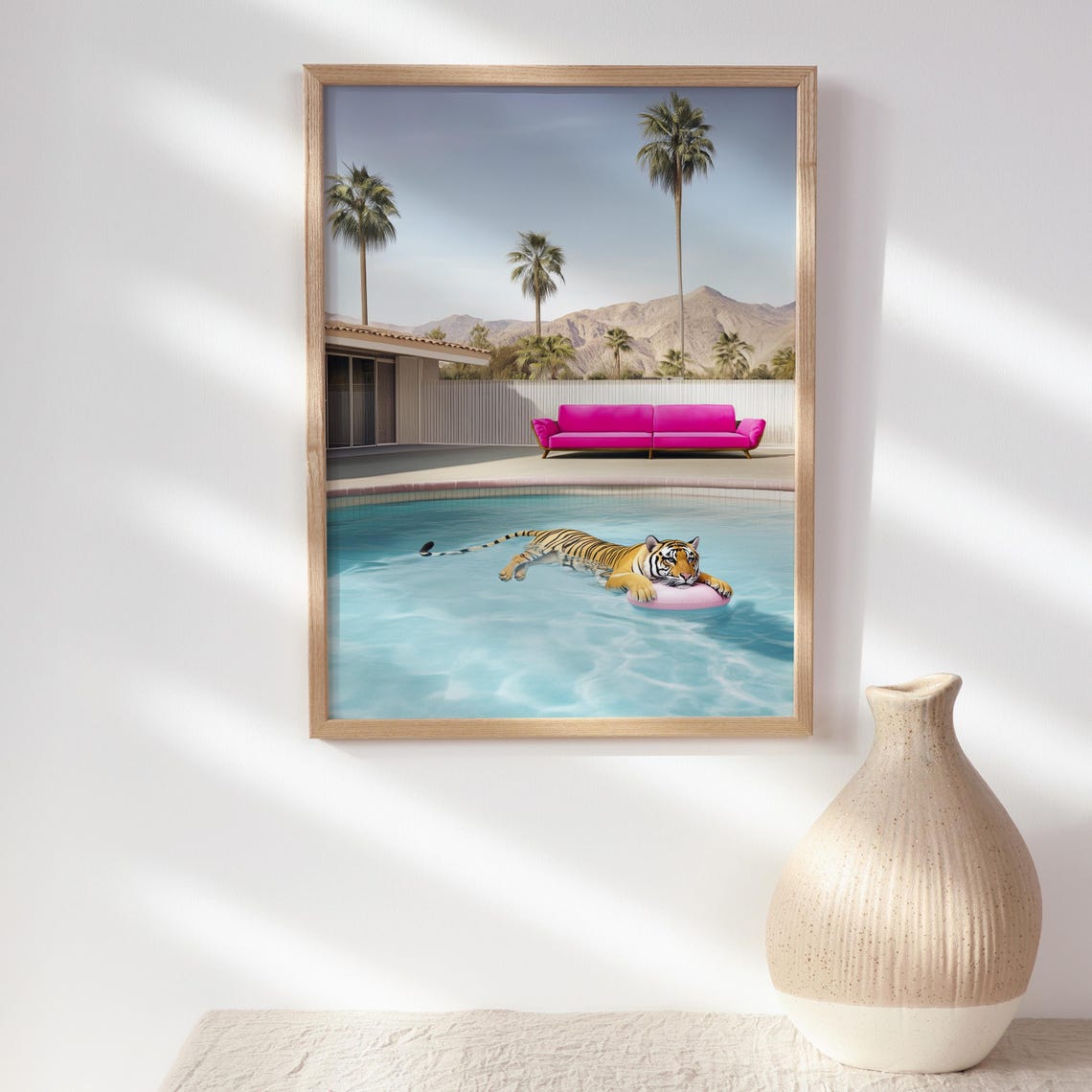 Tiger Floating in a Pool with Pink Sofa at a Palm Springs Villa Poster - Image 2
