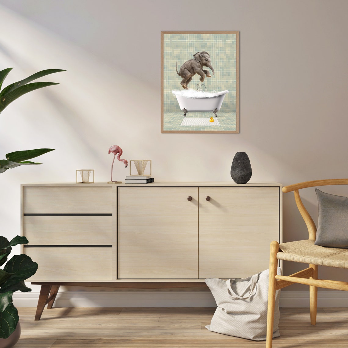 Baby Elephant Leaping Into Bubble Bathtub Funny Bathroom Wall Art - Image 2