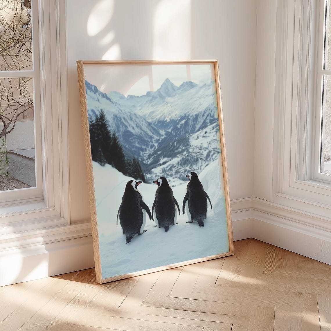 Heartwarming Trio of Penguins Admiring a Snowy Mountain Vista Poster - Image 2