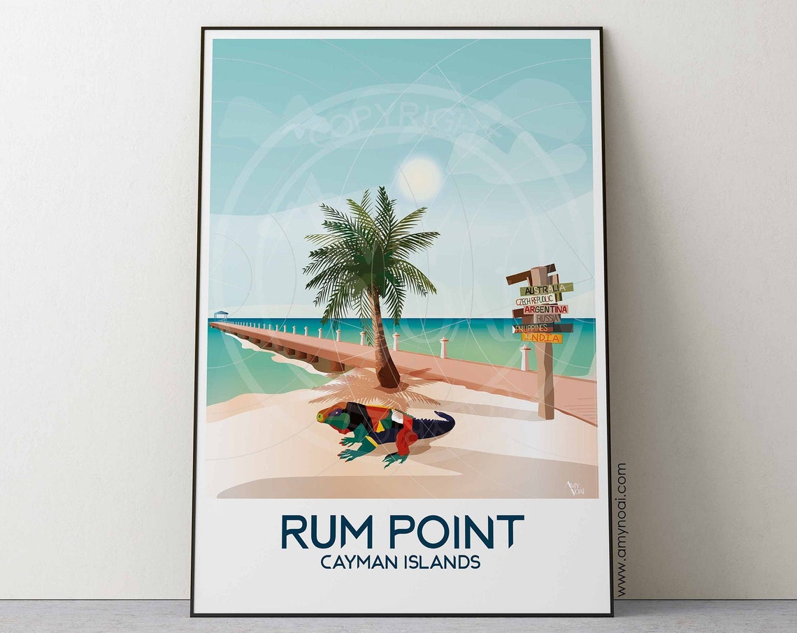 Rum Point Cayman Islands Beach Palm Tree Iguana Travel Poster
