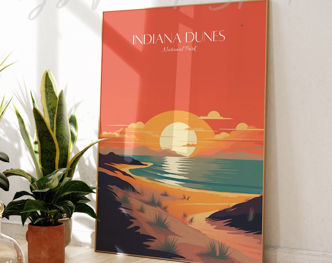 Indiana Dunes National Park Sunset Beach Dunes Vintage Poster