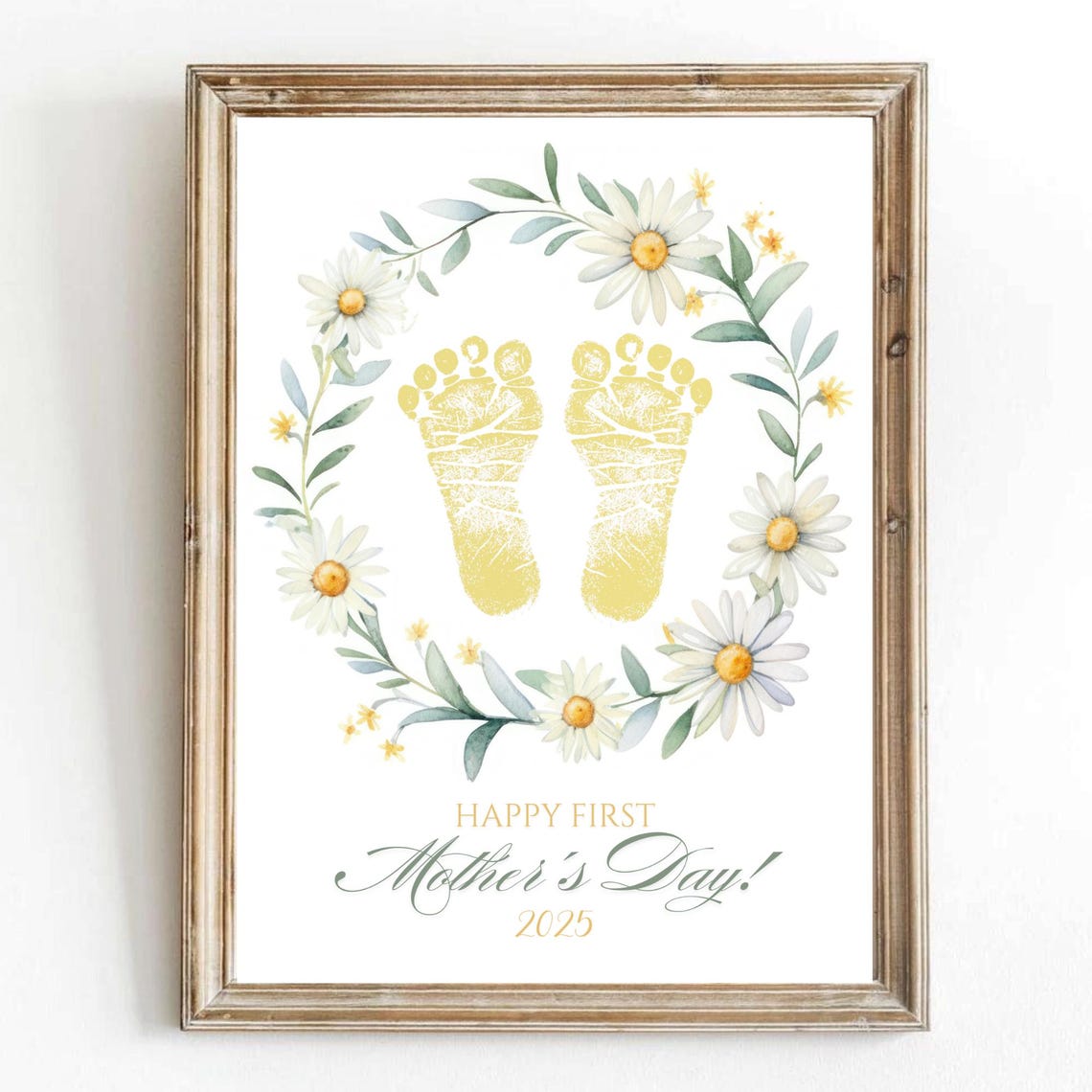 Baby Footprint First Mother's Day Daisy Wreath Gold Keepsake Poster