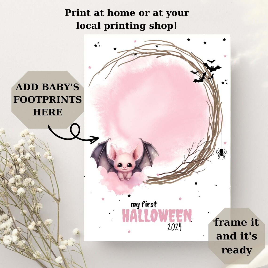 Pink My First Halloween 2024 Baby Footprint Bat Watercolor Moon Art Poster - Image 3