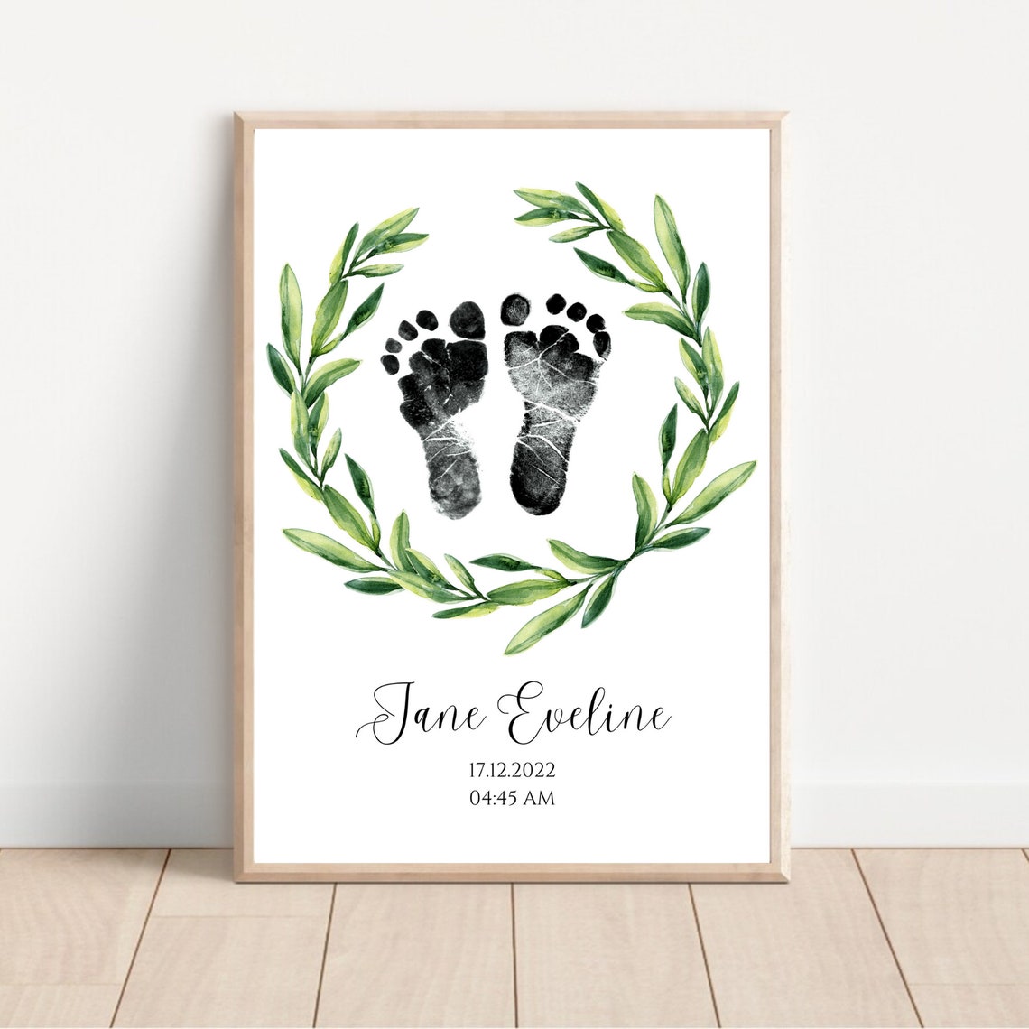 Personalized Baby Footprint Birth Print Olive Leaf Wreath Poster