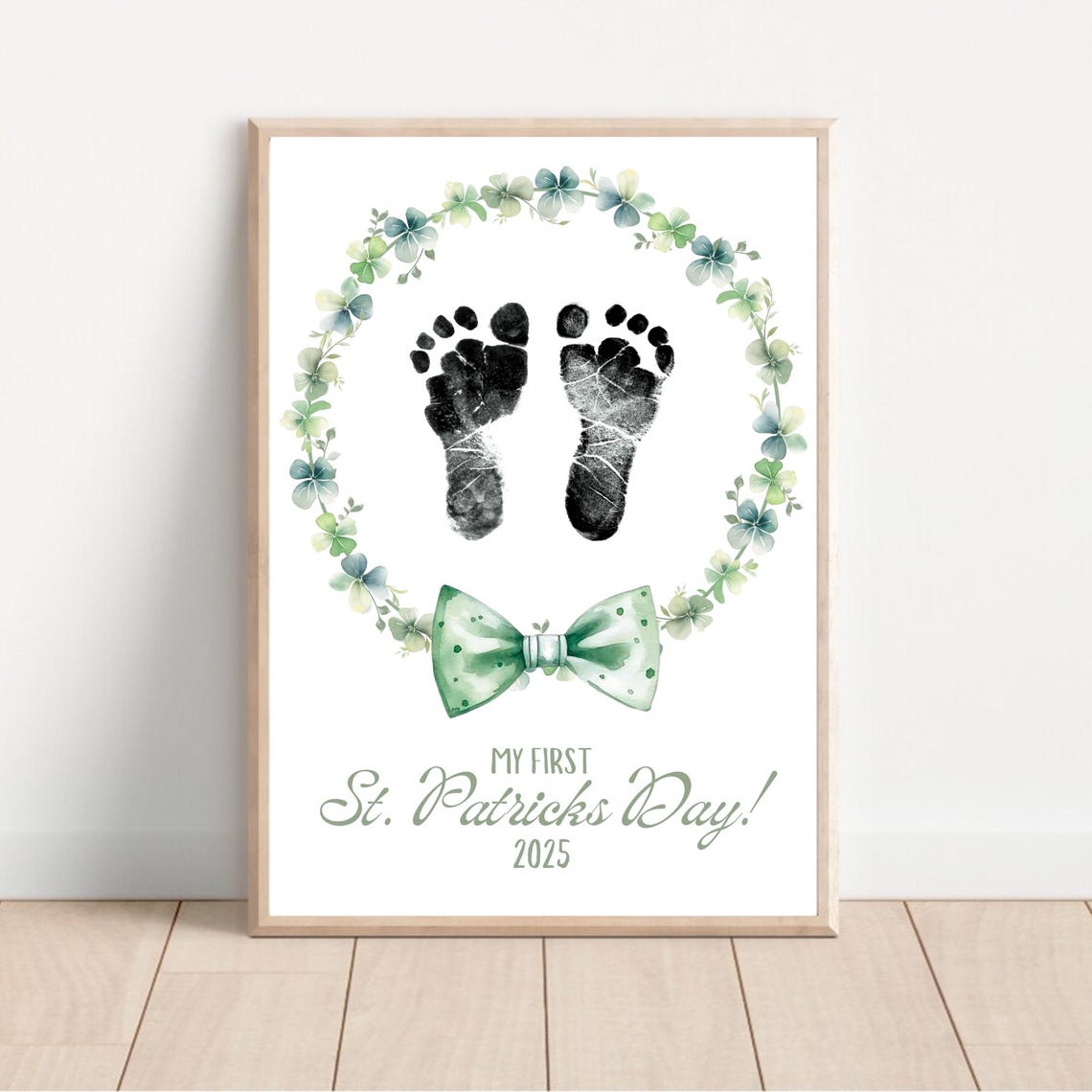 My First St Patricks Day Footprint Shamrock Wreath Green Bow Art Print - Image 2