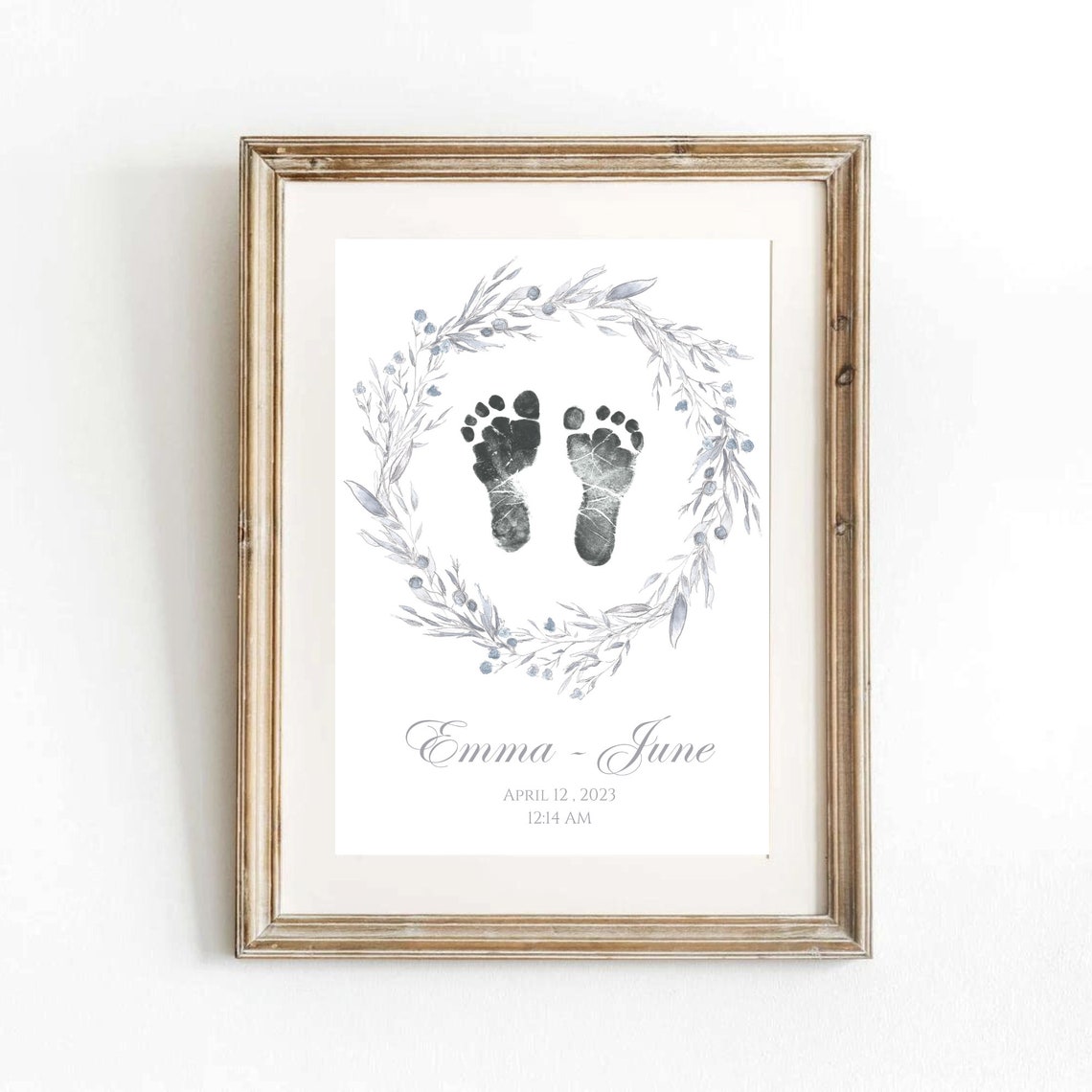 Personalized Baby Footprint Birth Print Blue Floral Wreath Poster - Image 2
