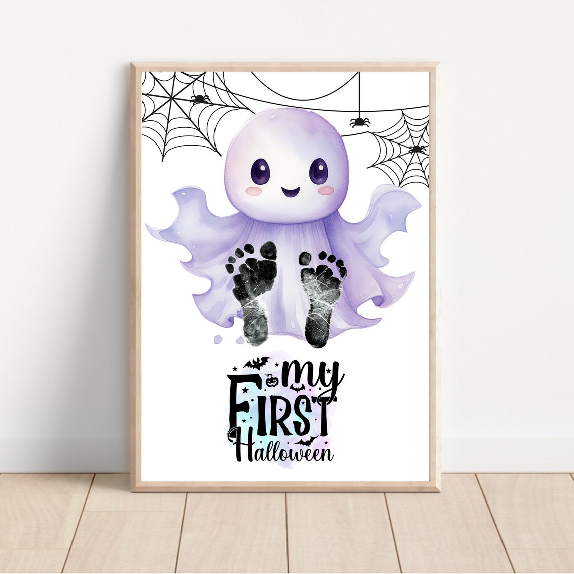 Baby Footprint First Halloween Cute Purple Ghost Keepsake Poster - Image 2