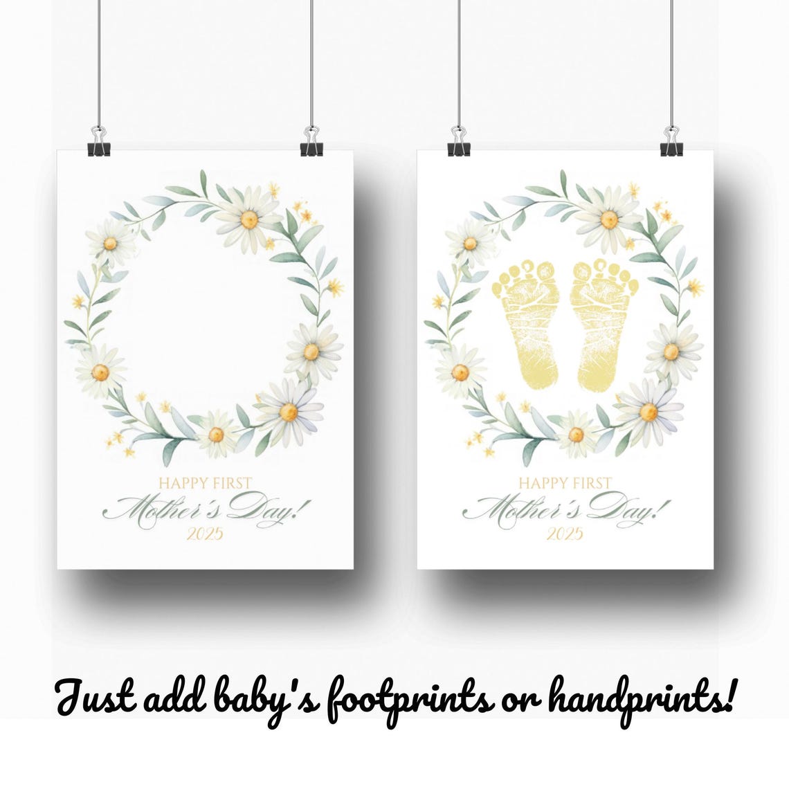 Baby Footprint First Mother's Day Daisy Wreath Gold Keepsake Poster - Image 3