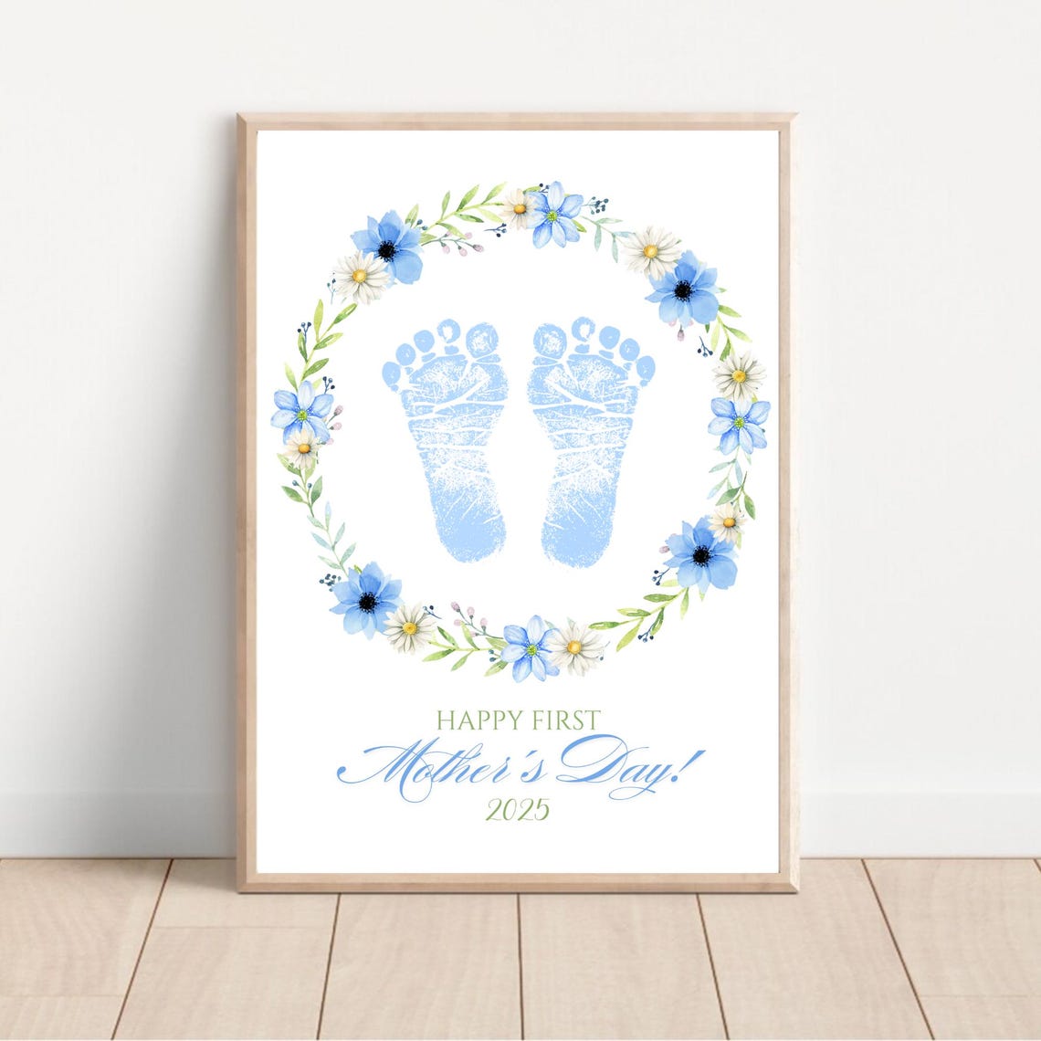 Baby Footprint First Mother's Day Blue Daisy Wreath Keepsake Poster - Image 2