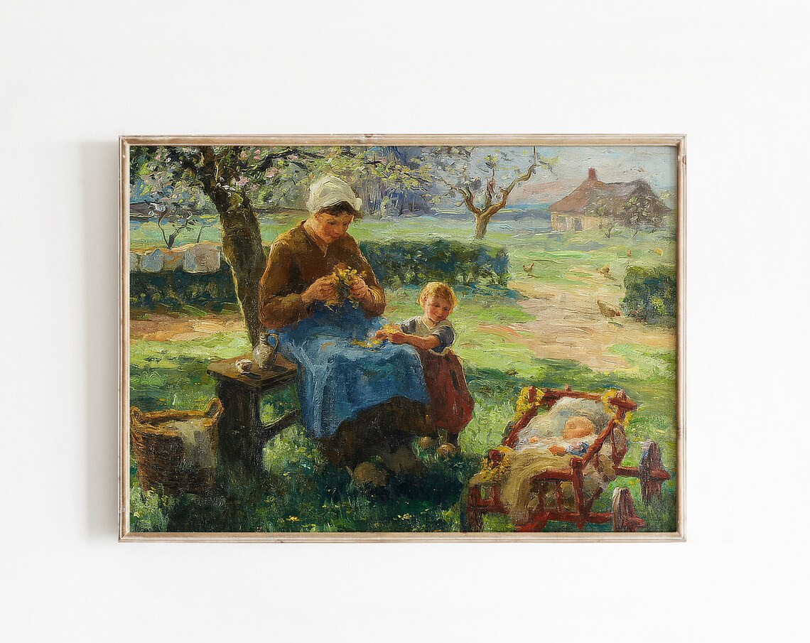 Vintage Farmhouse Oil Painting Print Lady With Child Baby Classic Rustic Wall Art Garden Bench Scene Countryside Art Print Home Dcor