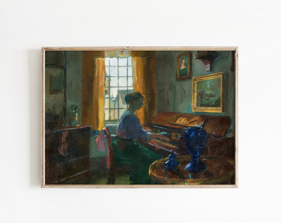 Vintage Farmhouse Oil Painting Print Lady Playing Piano In Cozy Home Interior Rustic Vintage Art For Living Room Bedroom Or Music Room