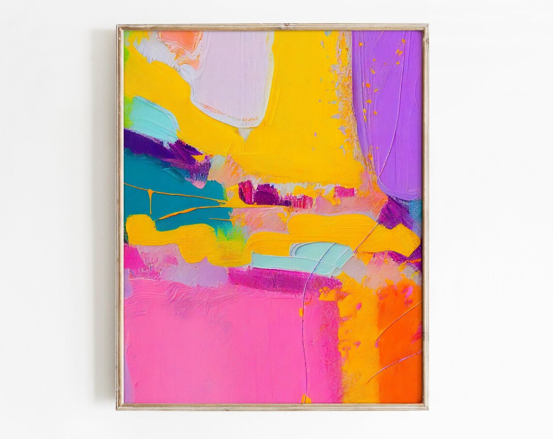 Vibrant Abstract Yellow Pink Teal Orange Expressive Painting Wall Art