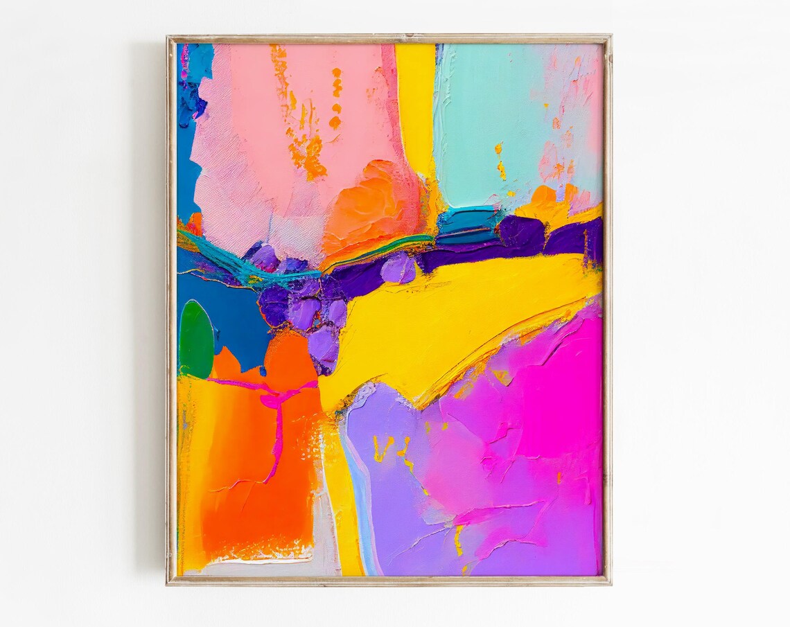 Bold Yellow Abstract Diagonal Brushstrokes Pink Purple Modern Wall Art