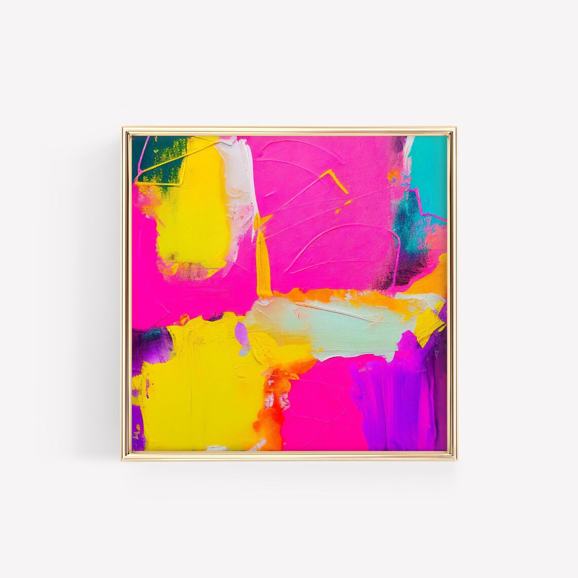Neon Magenta Lemon Yellow Turquoise Brushstroke Abstract Poster
