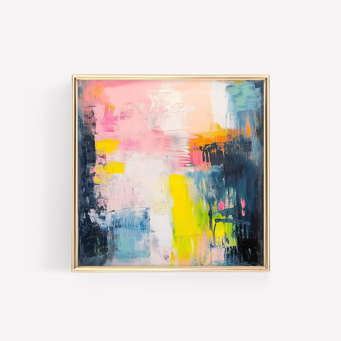Pink Navy and Yellow Gestural Modern Square Abstract Art Poster