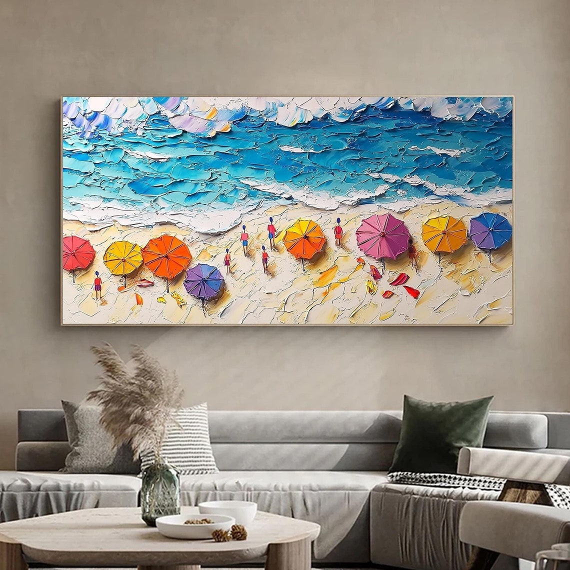 Beach Umbrellas Lined On Sand With Deep Blue Ocean Waves Poster