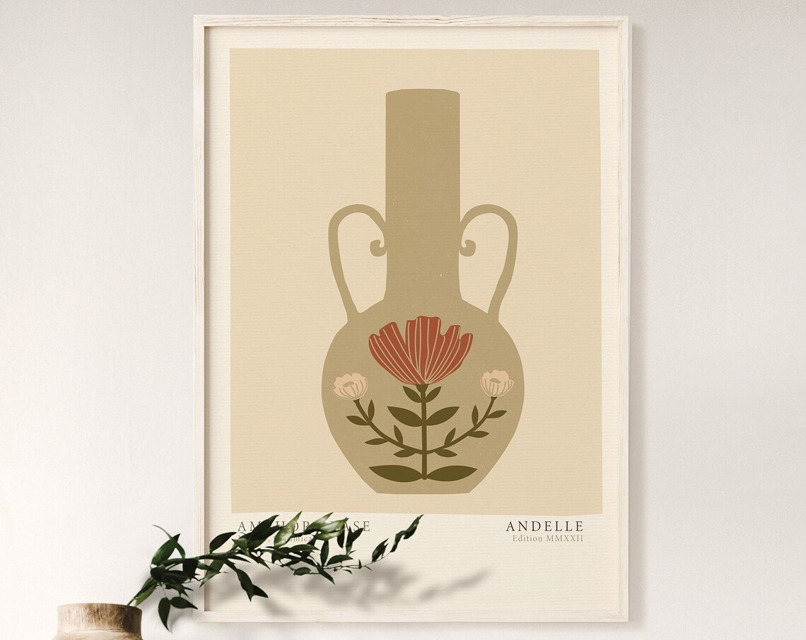 Golden Amphora Vase With Red Floral Motif Beige Boho Style Poster