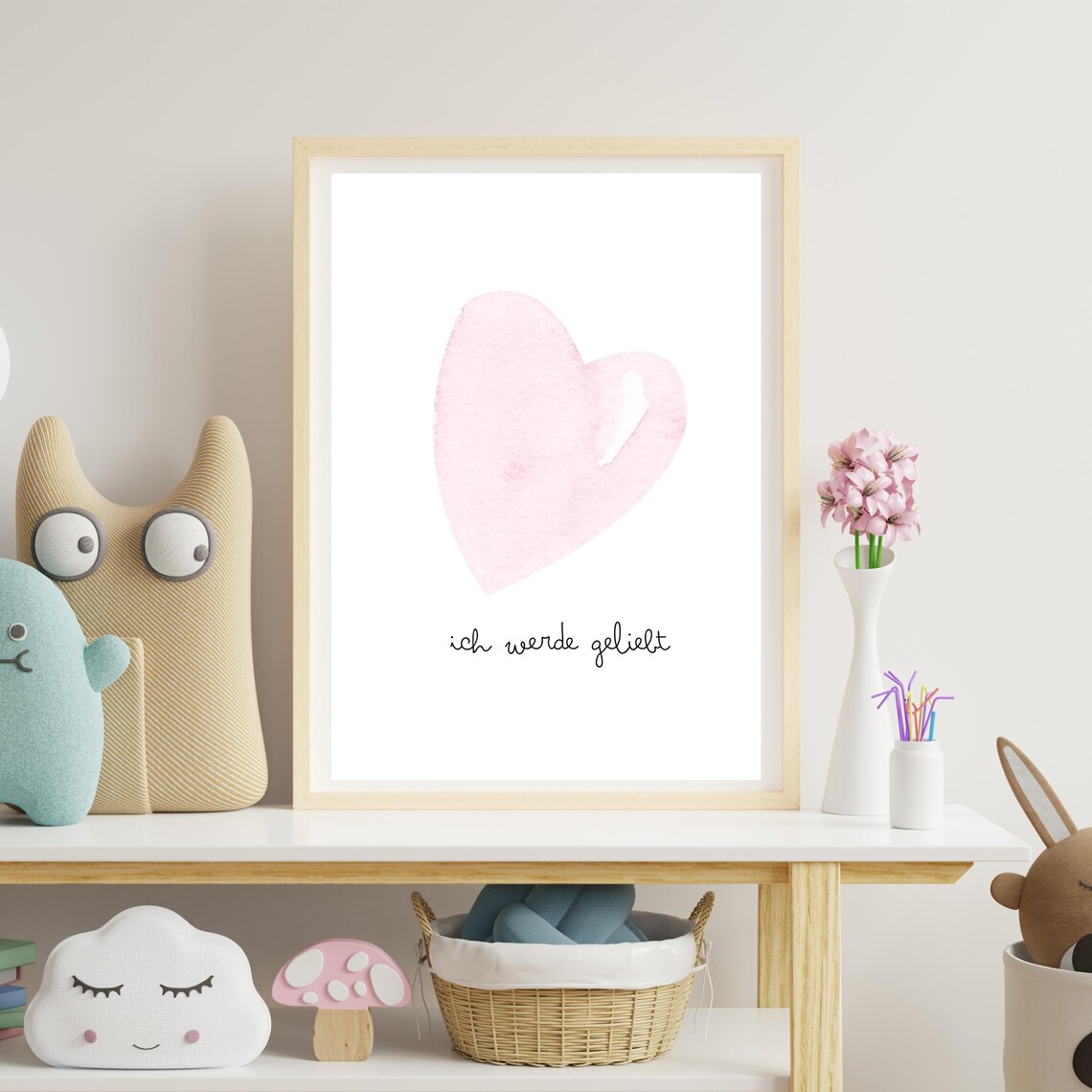 Soft Pink Watercolor Heart 'I Am Loved' Affirmation Nursery Poster