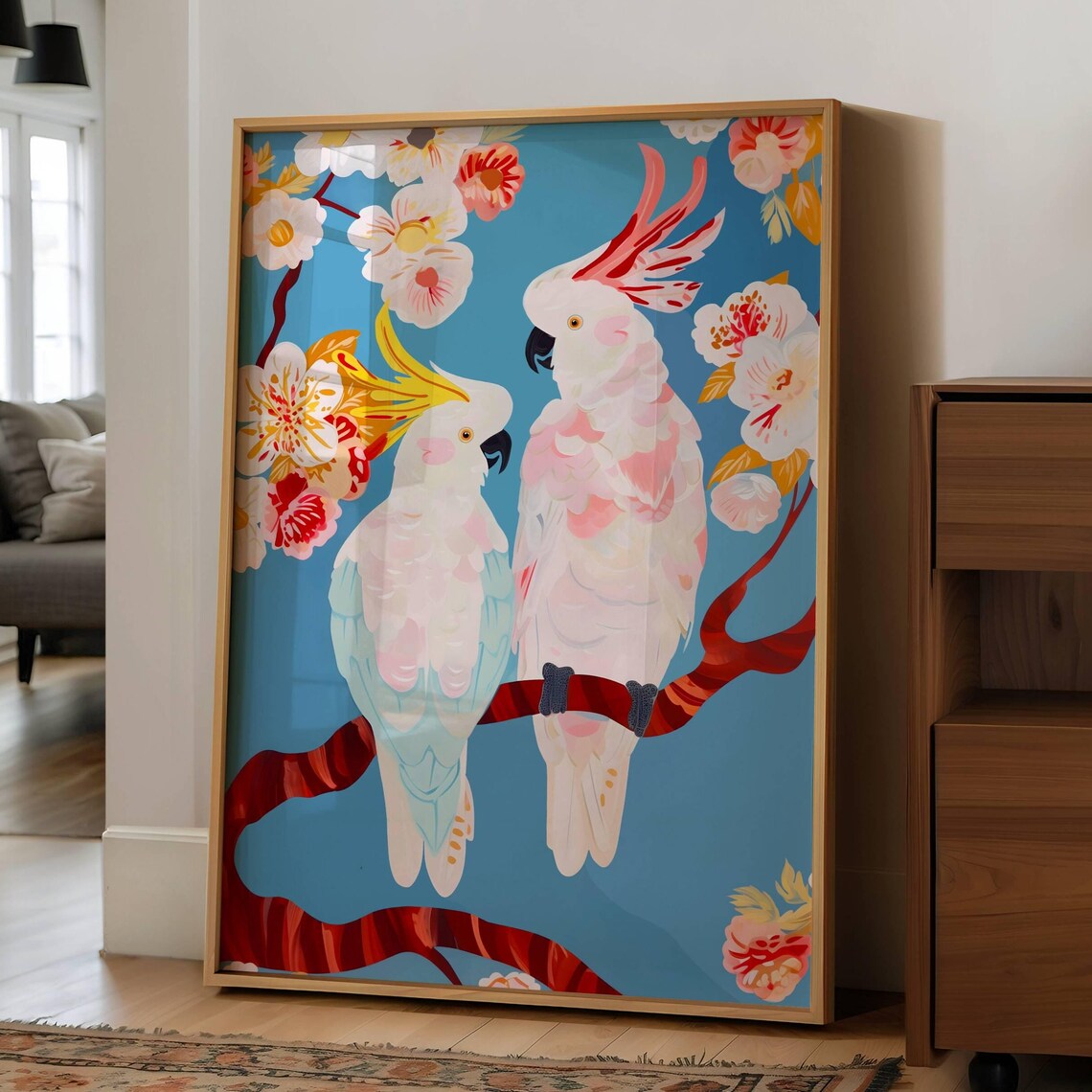 Two Cockatoos on a Red Branch Among Blossoms Blue Art Poster - Image 4