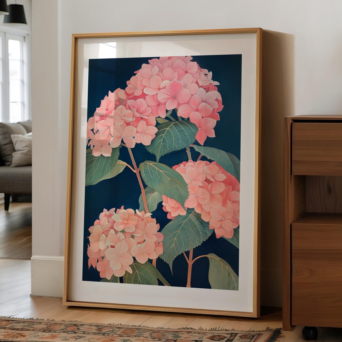 Blush Pink Hydrangea Bloom Clusters Navy Botanical Wall Art Decor - Image 4