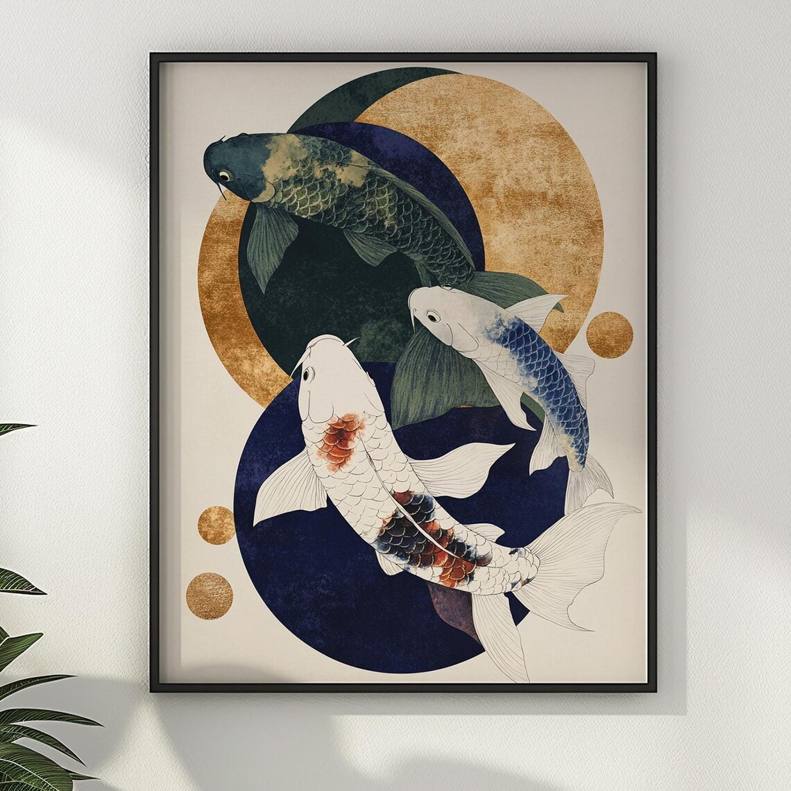Koi Fish and Golden Moon Japanese Style Circle Geometric Poster