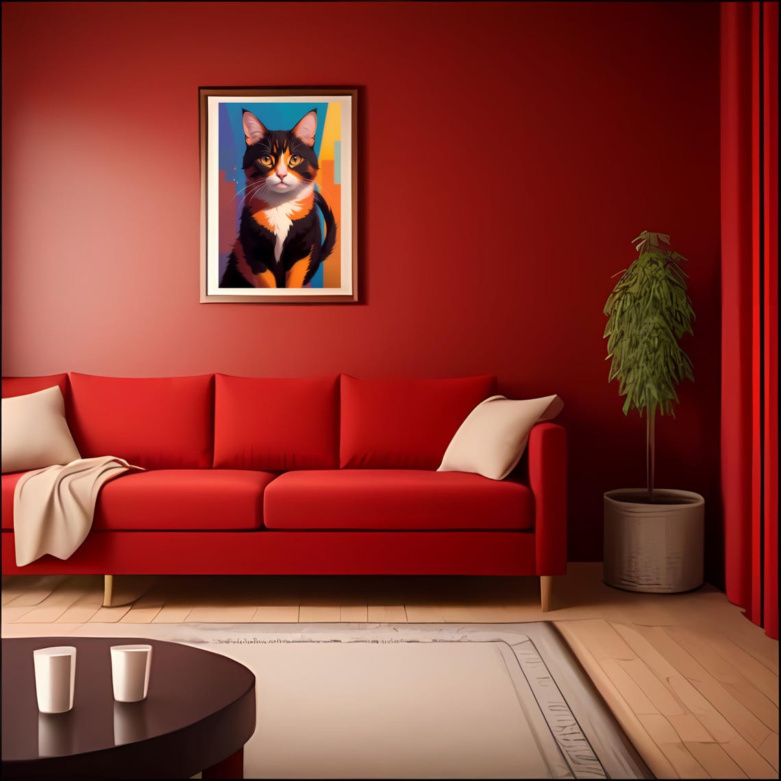 Colorful Calico Cat Pop Art Portrait On Bold Blue Backdrop Poster