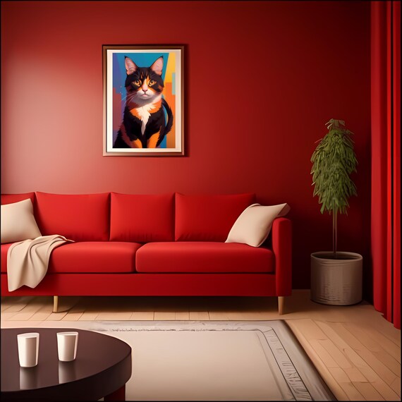 Colorful Calico Cat Pop Art Portrait On Bold Blue Backdrop Poster