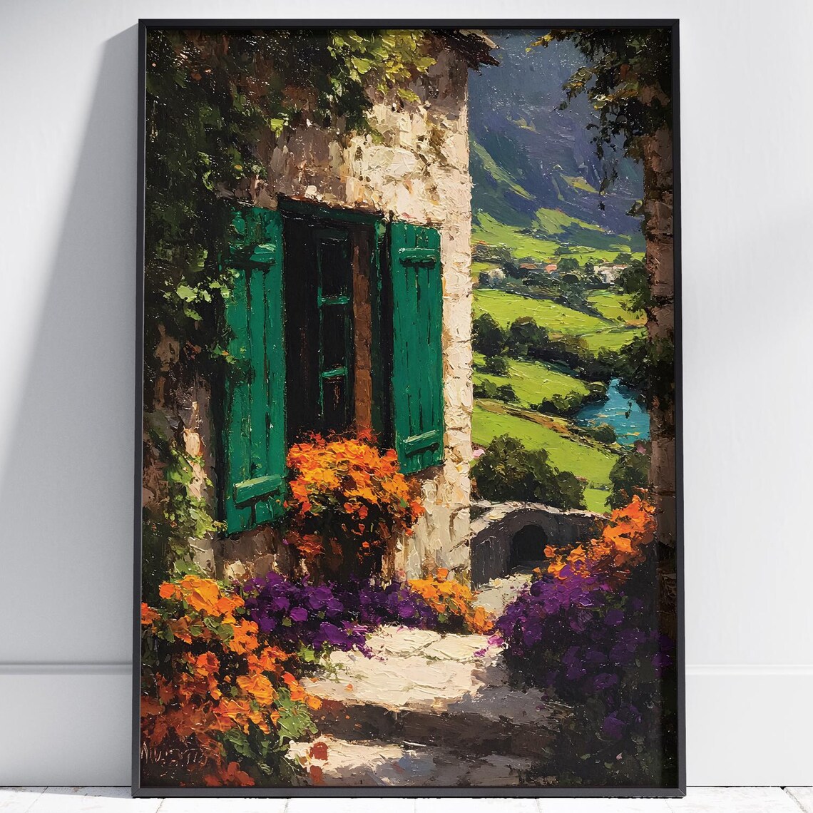 Tuscan Window Green Shutters Italian Countryside Painting Wall Art