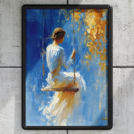 Woman on Swing Blue Gold Impressionist Painting Dreamy Art Poster