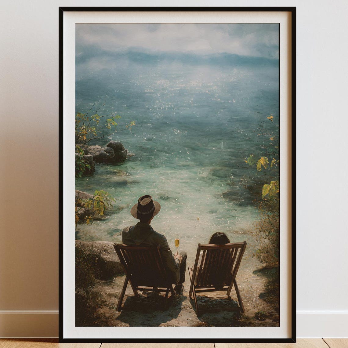 Romantic Couple By Lake Deck Chairs Sparkling Water Painting Poster