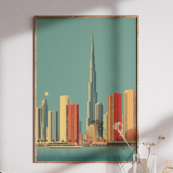 Dubai Skyline Poster with Burj Khalifa and Retro Teal Cityscape Colors