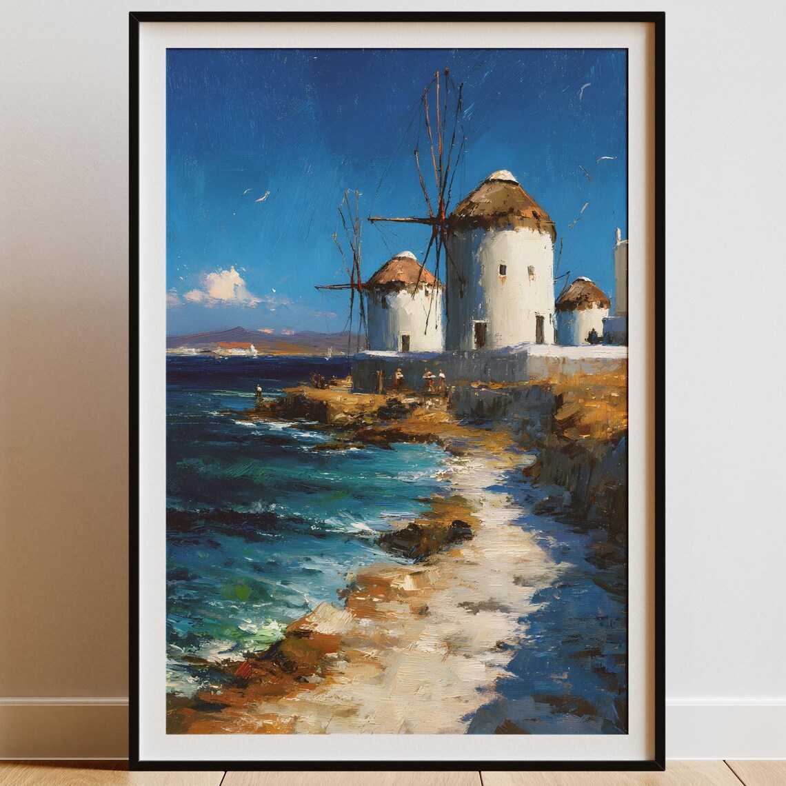 Mykonos Windmills Greece Island Aegean Sea Coastal Oil Painting Poster