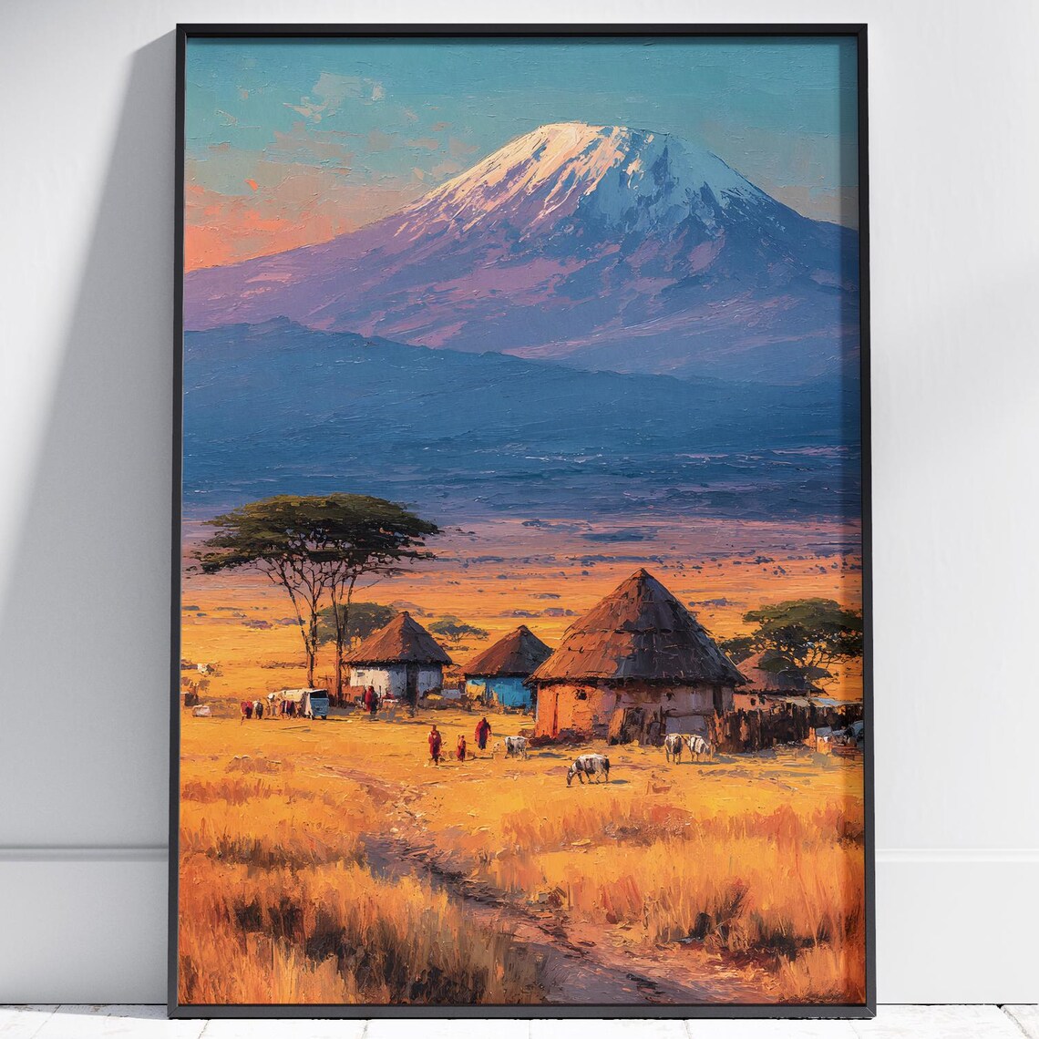 Mount Kilimanjaro Village Huts Golden Savanna Painting Poster